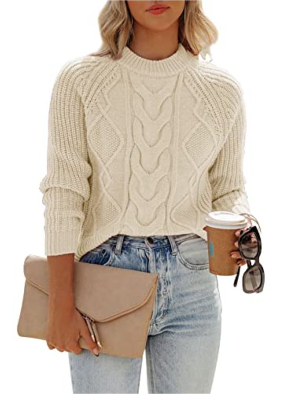 Women's Cable Knit Crew Neck Pullover Sweater Long Sleeve Ribbed Acrylic